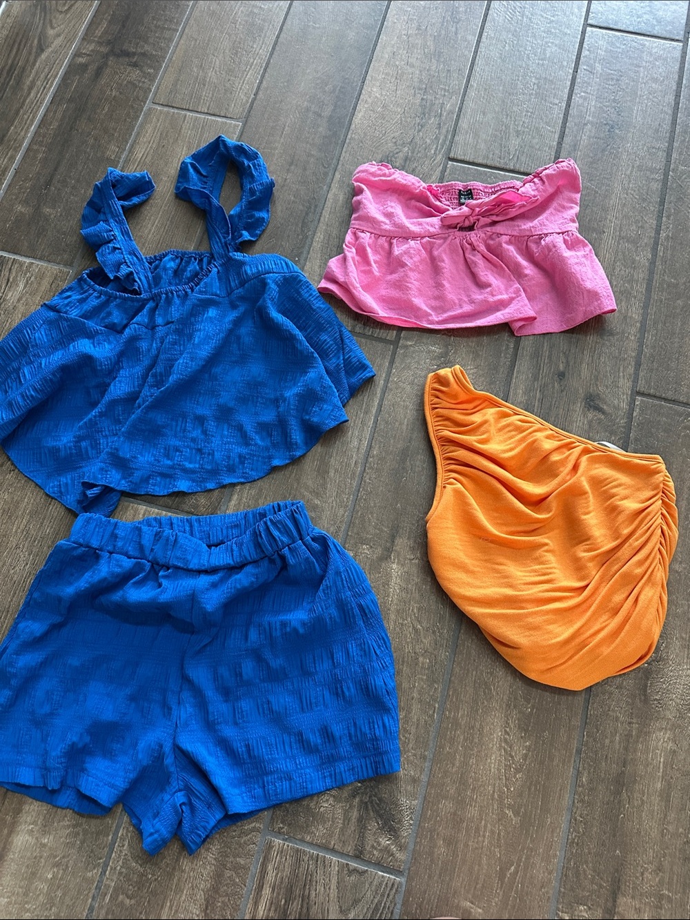Bright Color Block Summer Bundle -Blue set, pink top & Orange top